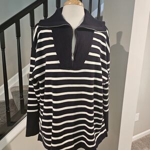 Elie Tahari Woman Navy Blue & Ivory Stripe Cardigan Sweater (Size 2X/TTG)